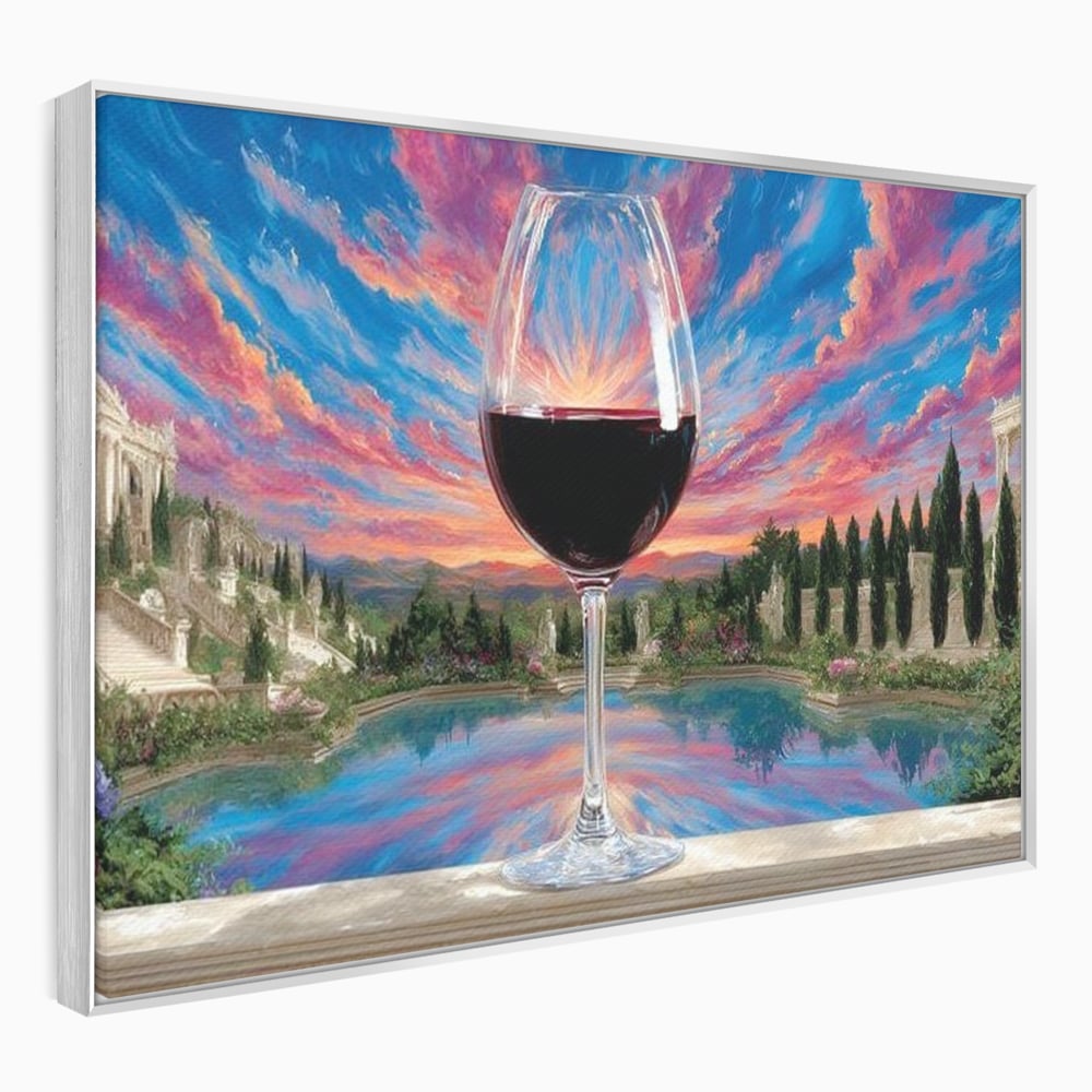Tablou canvas cu tablou canvas cu pahar de vin si apus, in rama de aluminiu argintiu